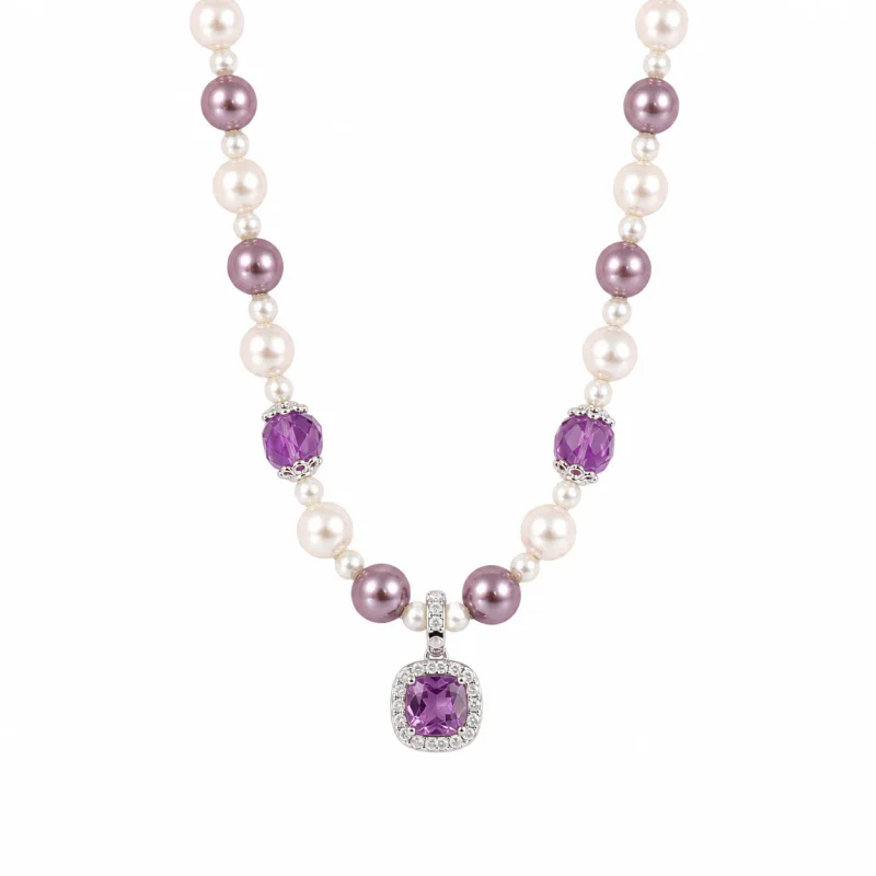 Amethyst Cube Pearl Necklace with Rhinestone Pendant - hình ảnh 1