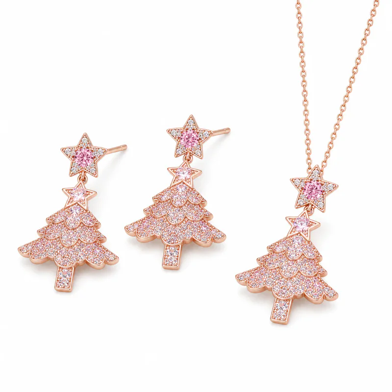Zircon Christmas Tree Necklace Stud Earrings Set - image 1
