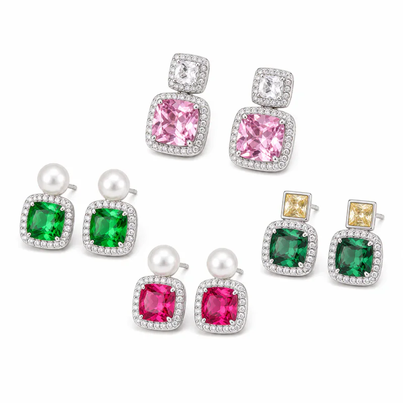 925 Silver Geometric Color Zircon Stud Earrings - image 1