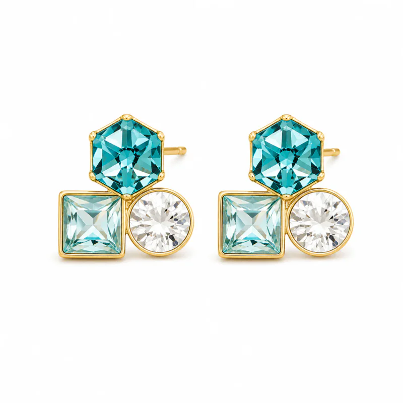 Blue Crystal Square Stud Earrings, 925 Sterling Silver Post - image 1
