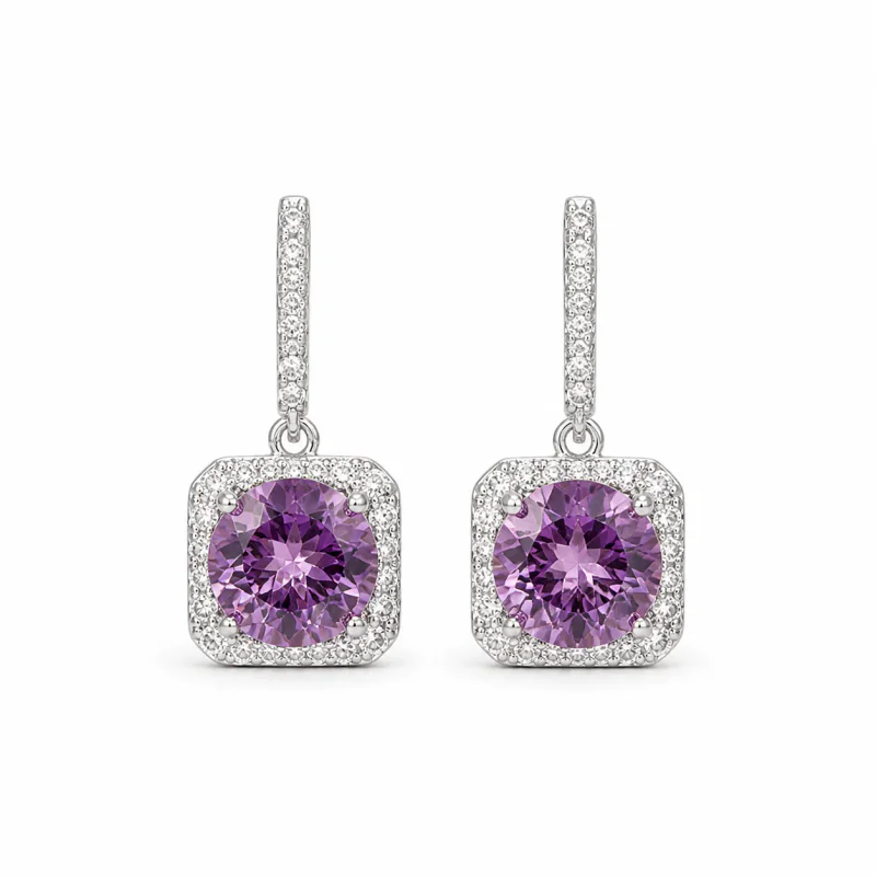 S925 Sterling Silver Retro Amethyst Square Stud Earrings - image 1