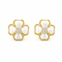 925 Sterling Silver Gold Four Leaf Clover Opal Zircon Stud Earrings