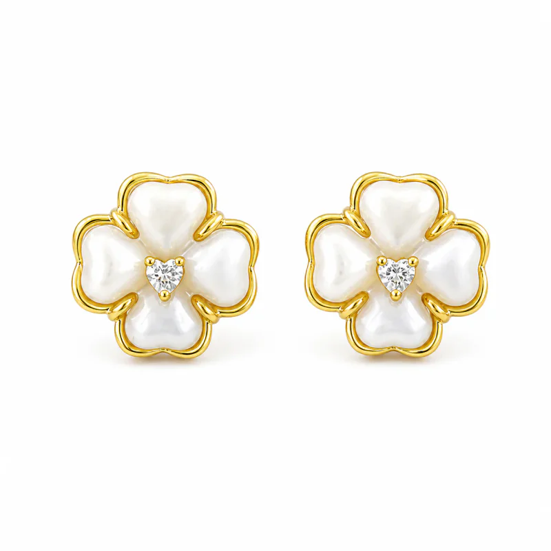 925 Sterling Silver Gold Four Leaf Clover Opal Zircon Stud Earrings - image 1