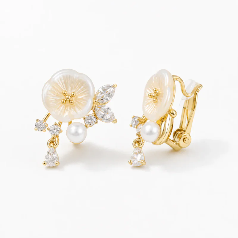 Flower Pearl Zircon Ear Studs and Non-Pierced Ear Clips - image 1