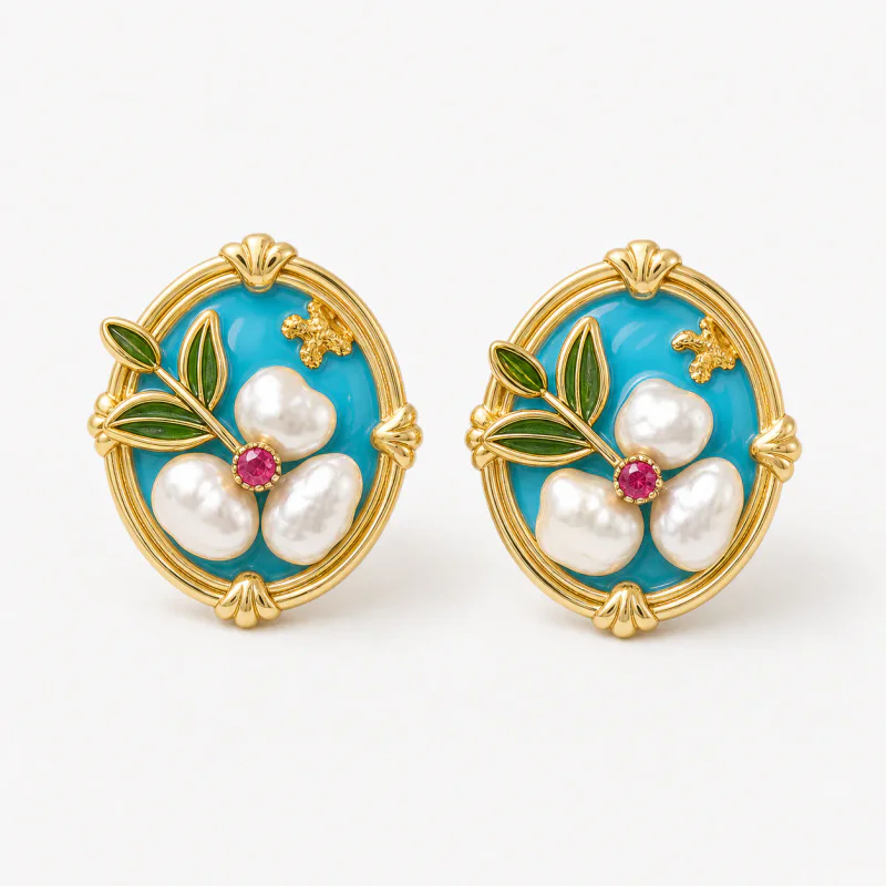 Monet Garden Oil Painting Style Natural Pearl S925 Silver Earrings - image 1
