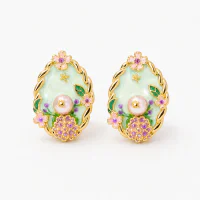 Natural Pearl Stud Earrings, Monet Garden Oil Painting Style
