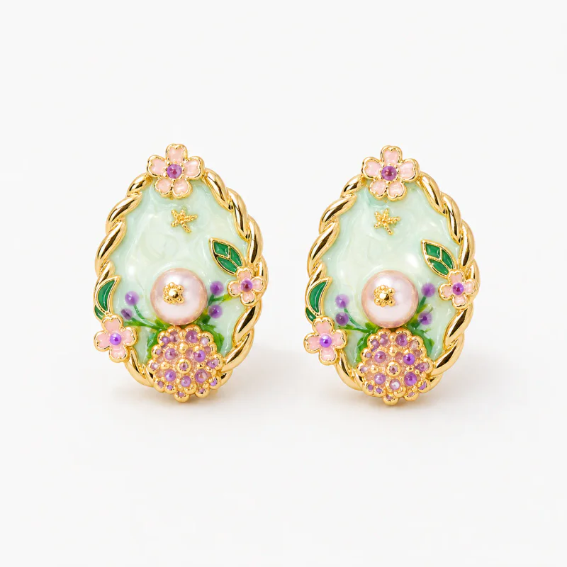 Natural Pearl Stud Earrings, Monet Garden Oil Painting Style - image 1