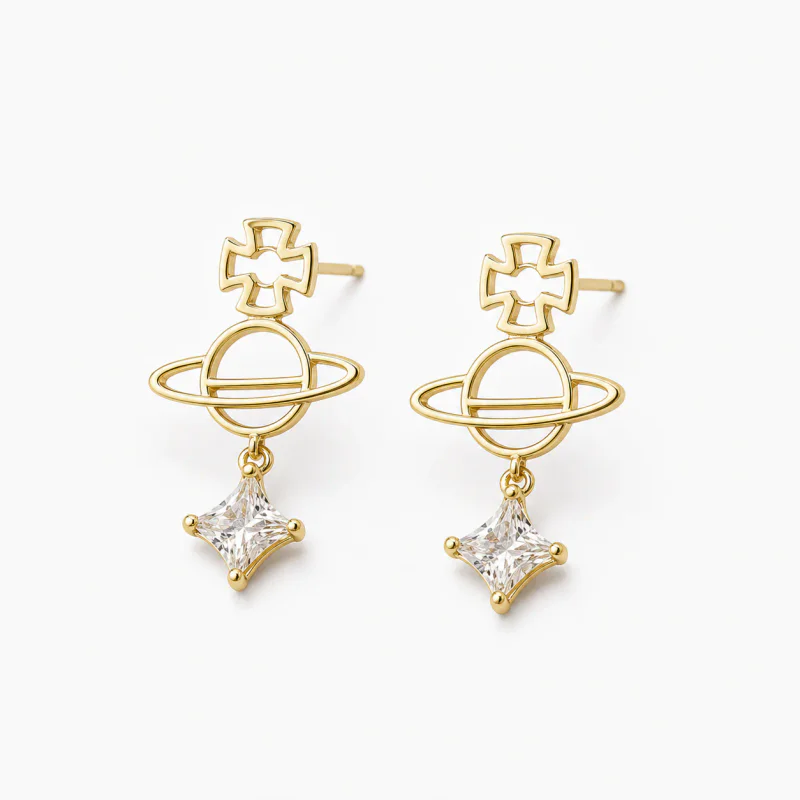 Zircon Inlaid Star Saturn Hollow Stud Earrings - image 1