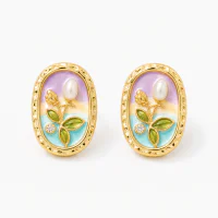 Real Gold Plated Oil Drip Floral Freshwater Pearl Earrings