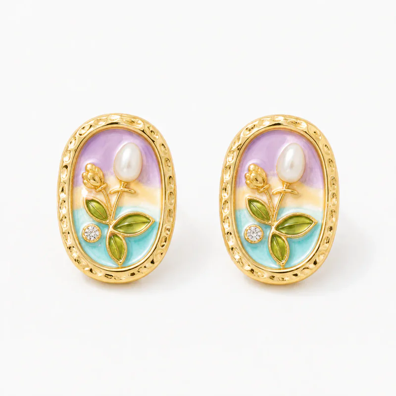Real Gold Plated Oil Drip Floral Freshwater Pearl Earrings - image 1