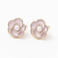 925 Sterling Silver Camellia Purple Pearl Flower Earrings