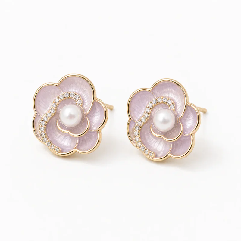 925 Sterling Silver Camellia Purple Pearl Flower Earrings - image 1
