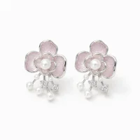 Electroplated Camellia Flower Pearl Stud Earrings