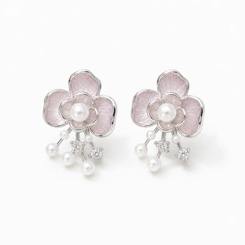 Electroplated Camellia Flower Pearl Stud Earrings - image 1