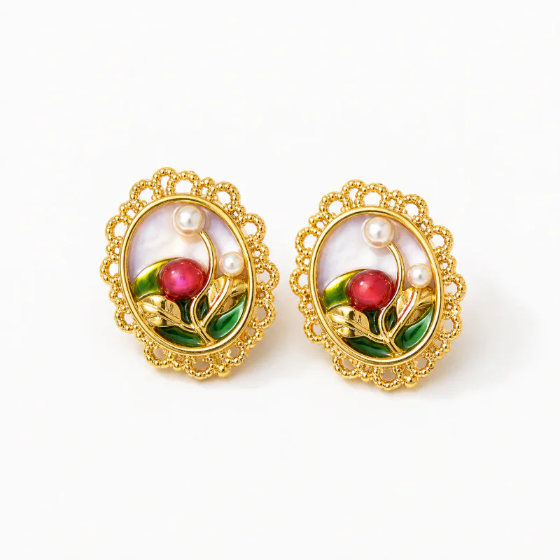 Monet Style Contrast Flower Freshwater Pearl Studs - image 1