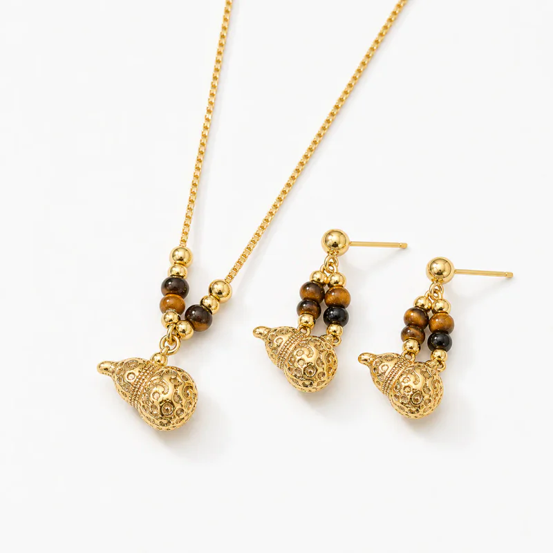 Gold Plated Copper Gourd Beaded Necklace and Ear Stud Set - image 1