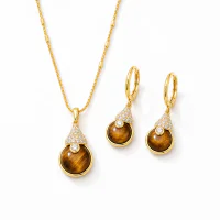 Gold Plated Copper Tiger Eye Gourd Pendant Necklace Set