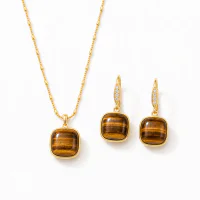Women's Gold Plated Tiger's Eye Cube Necklace Earring Set