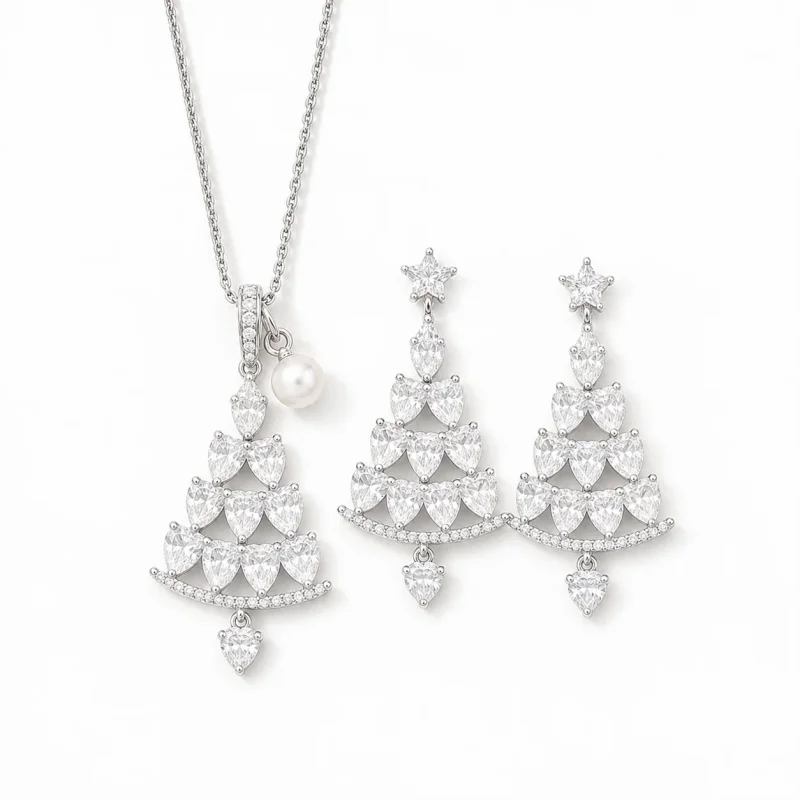 Silver Plated Copper Zircon Christmas Tree Necklace Earring Set - image 1