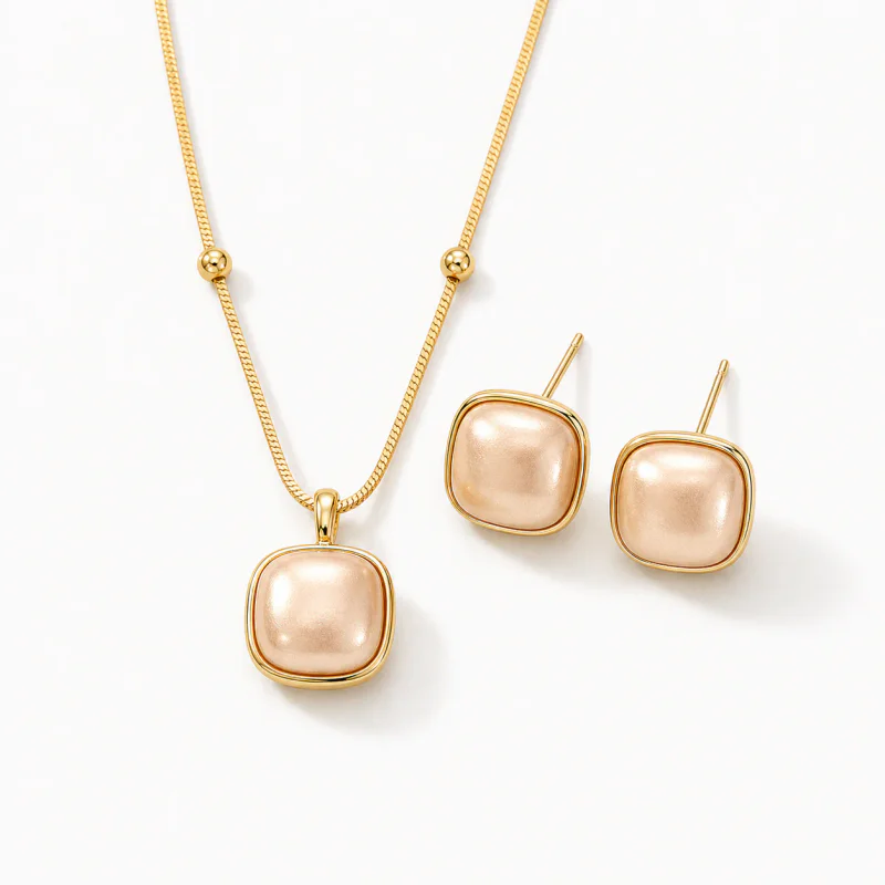 Gold Plated Copper Champagne Pearl Pendant Necklace Earring Set - image 1