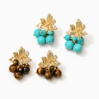 Women's 925 Silver Gold Plated Turquoise Tigereye Grape Cluster Earrings