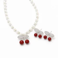 Imitation Pearl Cherry Pendant Necklace and Zircon Earring Set