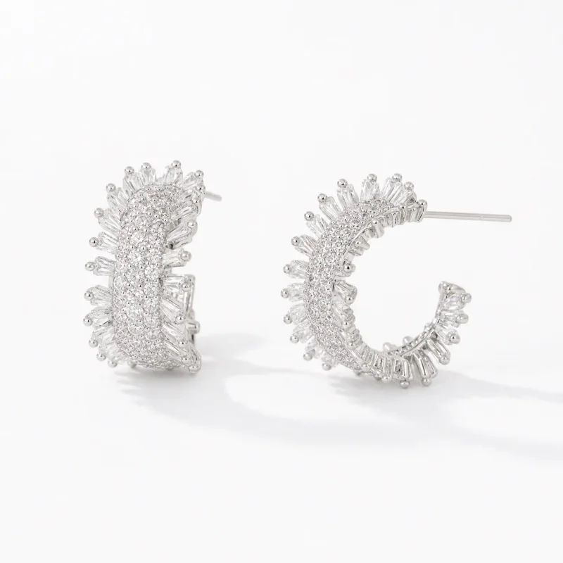 Silver Pave Zircon C-Hoop Earrings - image 1