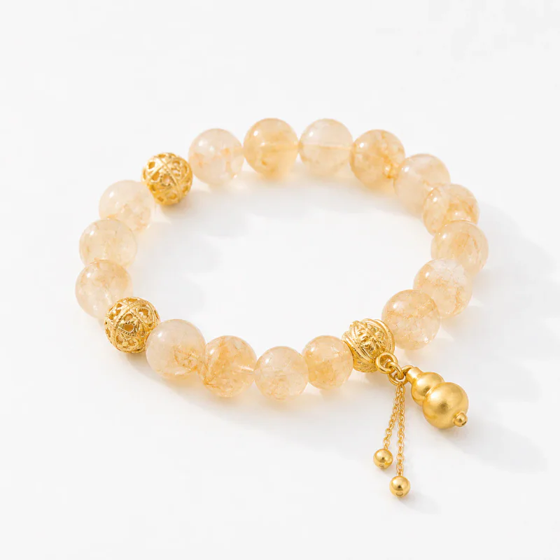 11mm Yellow Tower Crystal Beaded Bracelet, Gold Gourd Charm - image 1