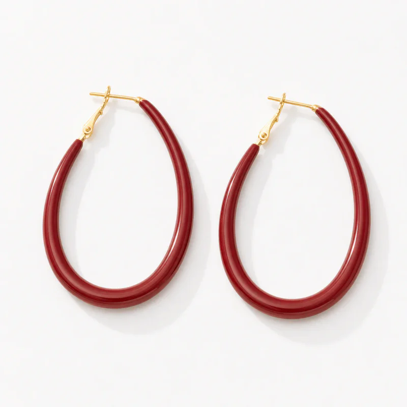 Wine Red 925 Silver Oval Hoop Earrings - image 1