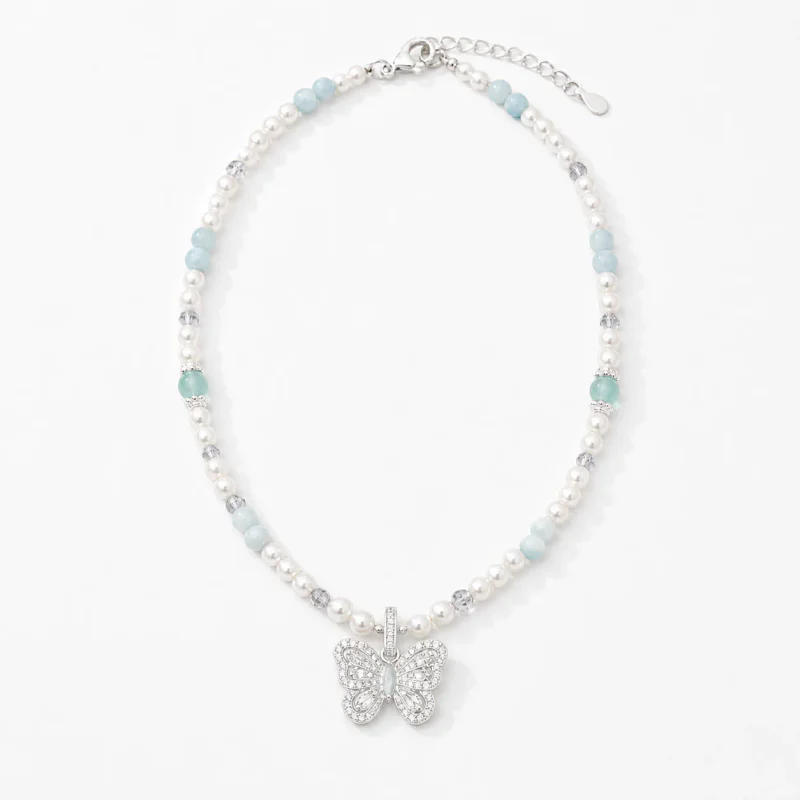 Sapphire Zircon Cube Pendant Pearl Necklace - image 1