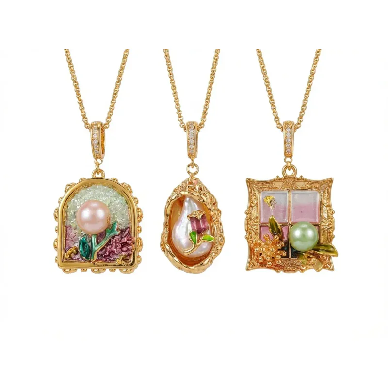 18K Gold Plated Vintage Oil Painting Baroque Pearl Necklace - image 1