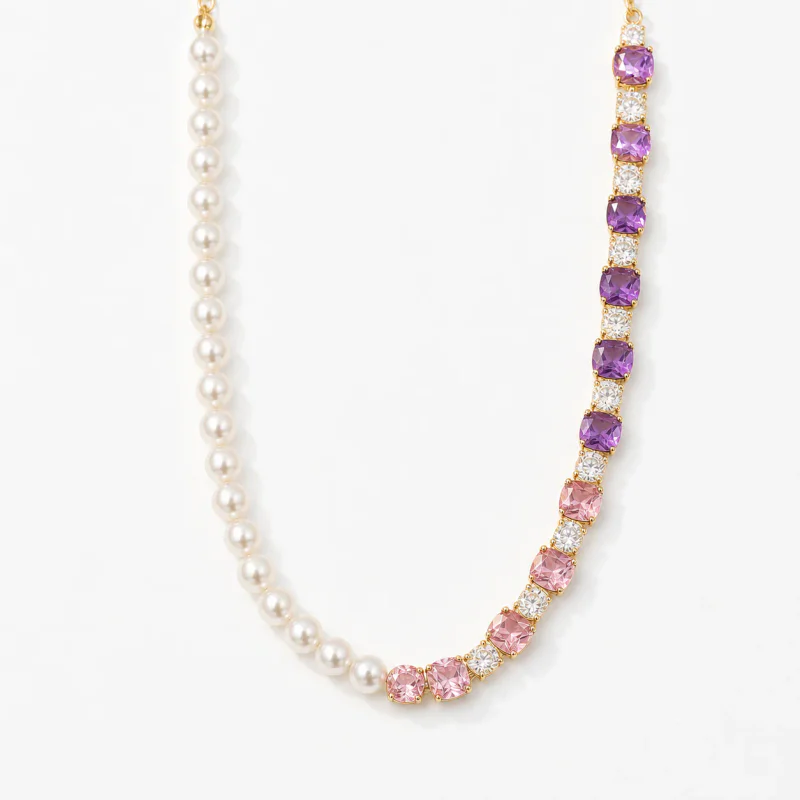Violet Pearl Zircon Inlaid Long Pearl Necklace - image 1