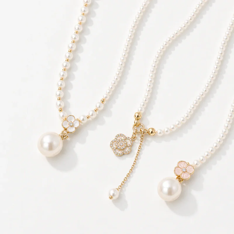 Camellia Flower Imitation Pearl Pendant Necklace - image 1