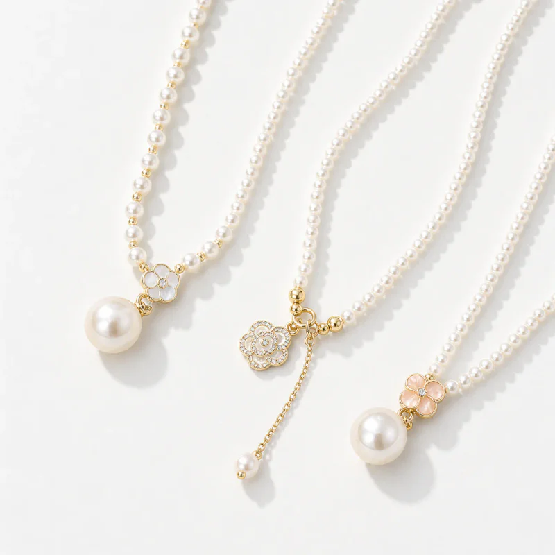 Imitation Pearl Camellia Mother-of-Pearl Pendant Necklace - image 1