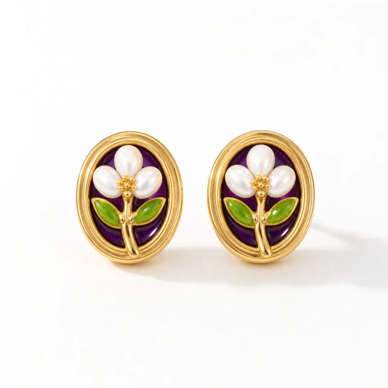 Natural Pearl French Retro Oil Painting Ear Studs - image 1