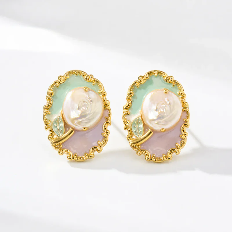 Monet Garden Oil Painting Freshwater Pearl Stud Earrings - image 1