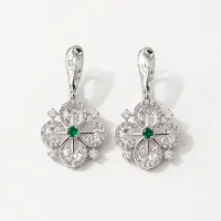 Gold Plated Green Zircon Four-Leaf Flower Drop Earrings