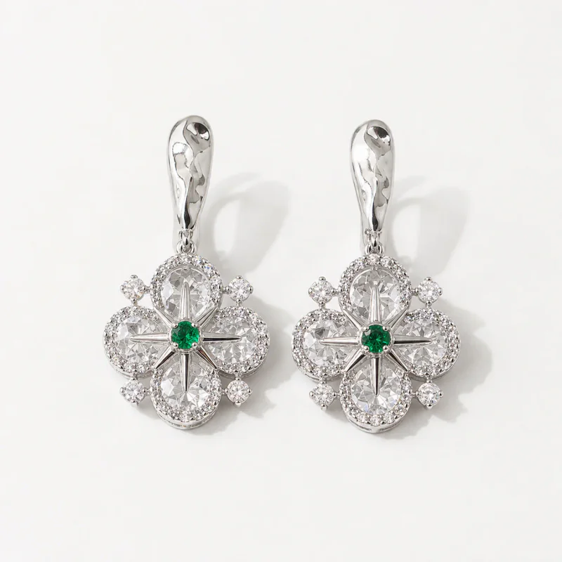Gold Plated Green Zircon Four-Leaf Flower Drop Earrings - image 1