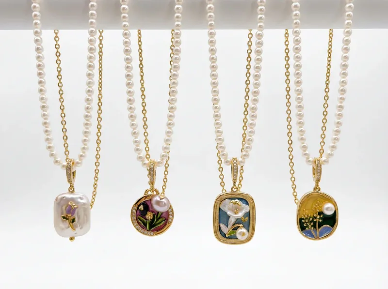 Pearl Chain Necklace, Flower Mixed Gemstone Gold Inlay Pendant - 1