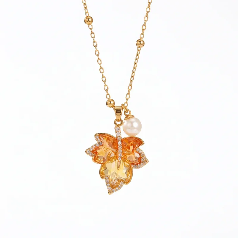 Gold Plated Gradient Maple Leaf Citrine Earring Necklace - 1