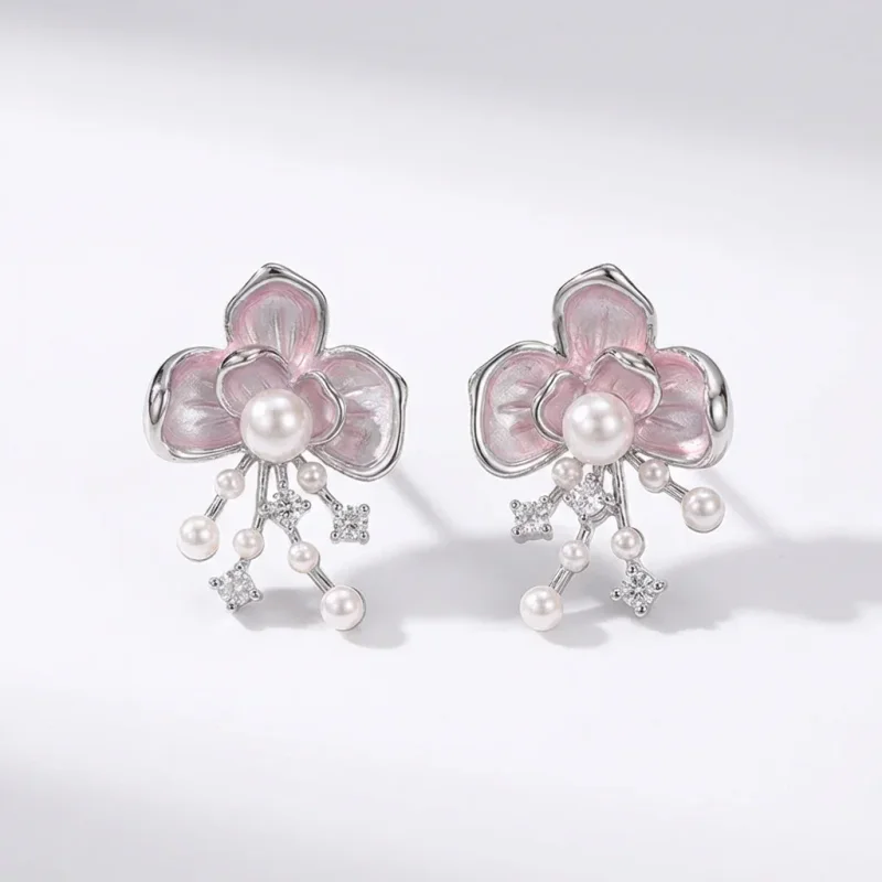 Camellia Pearl Flower Stud Earrings 925 Silver Needle - 1