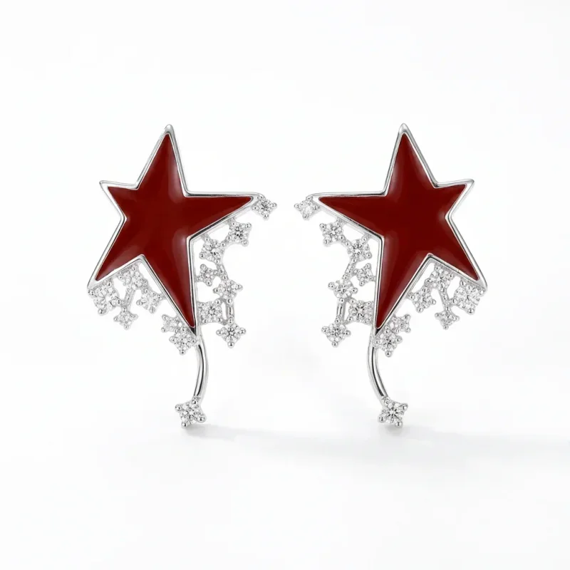 925 Sterling Silver Pin Red Enamel Pearl Oval Stud Earrings - 1