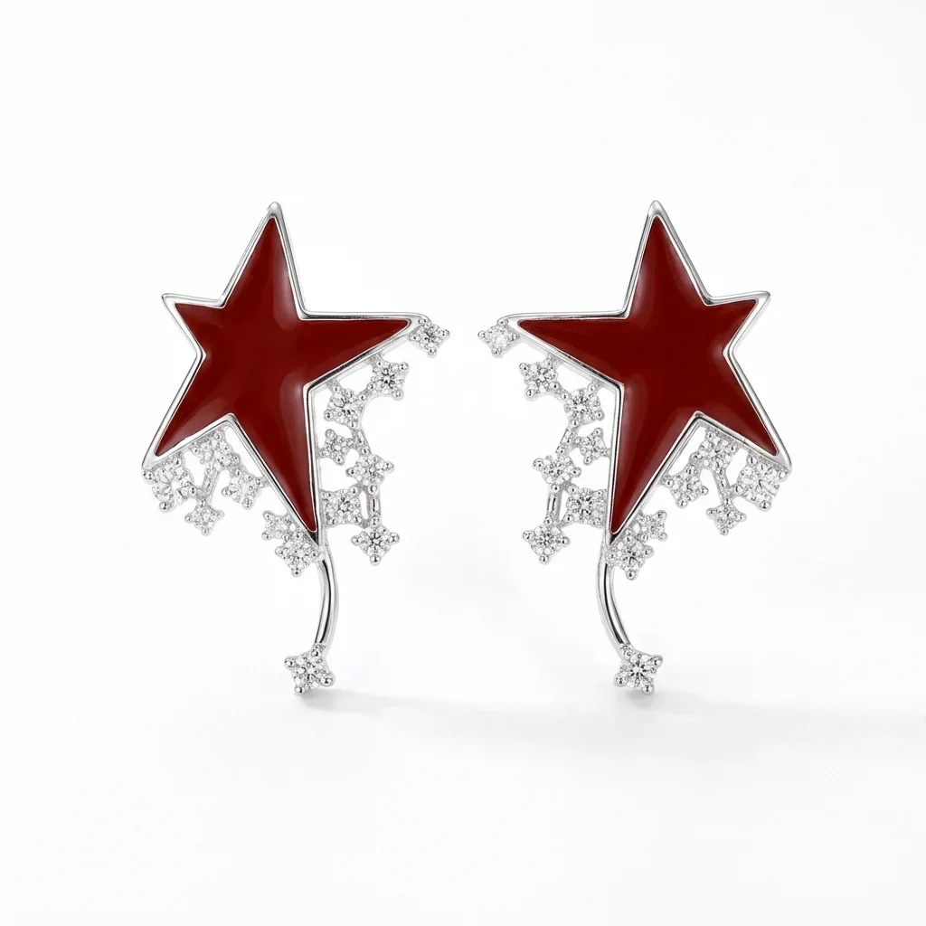 925 Sterling Silver Pin Red Enamel Pearl Oval Stud Earrings