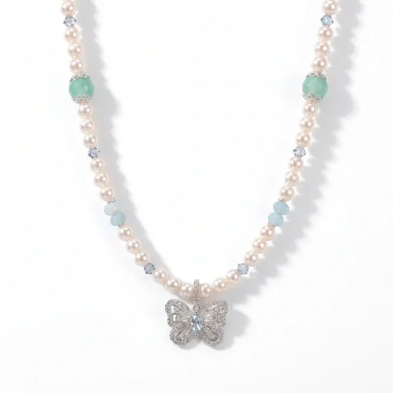 Sapphire Zircon Sugar Cube Pendant Pearl Necklace - 1