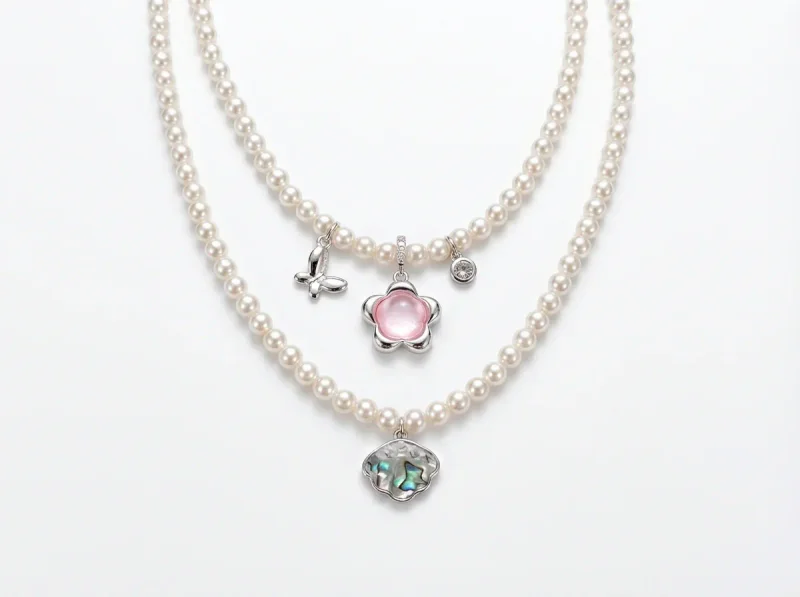 Electroplated Copper Pearl Necklace with Floral Gemstone Pendant - 1