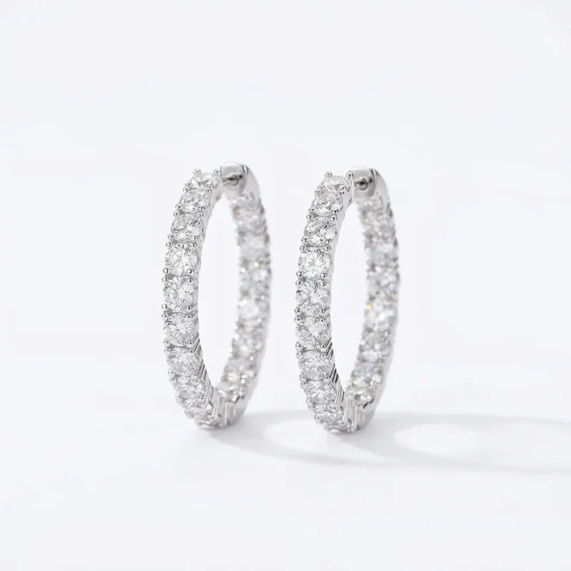 Copper White Gold Plated Micro Zircon Round Hoop Earrings 925 Silver Post - 1