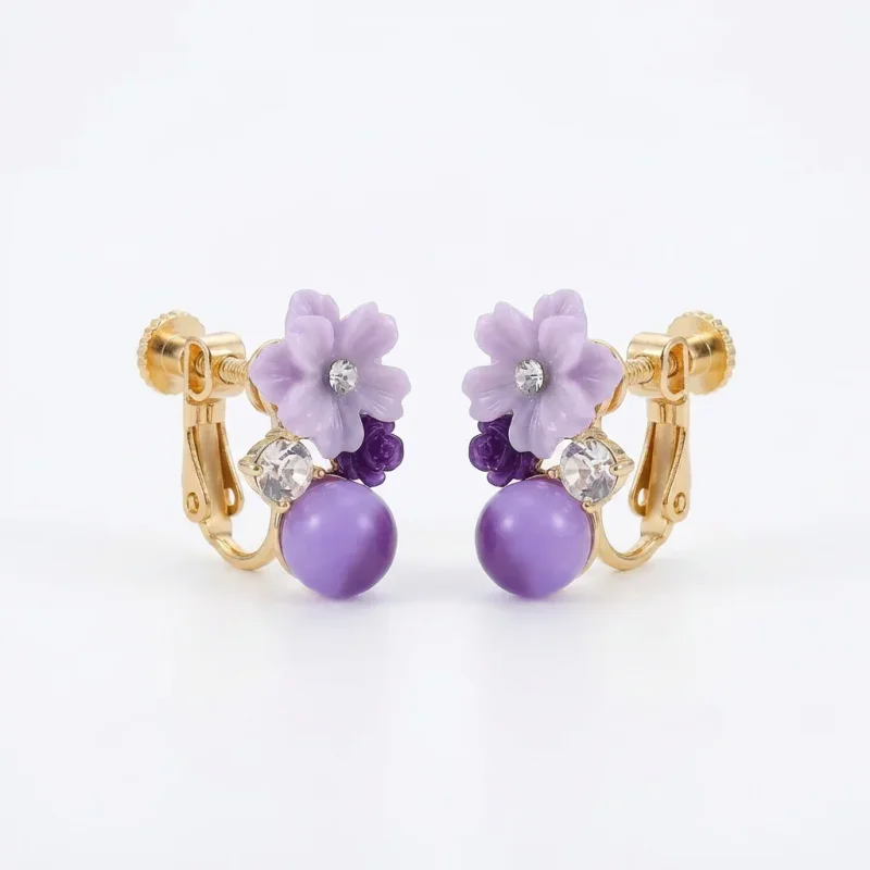 Copper Electroplated Purple Crystal Flower Non-Pierced Ear Clips - 1