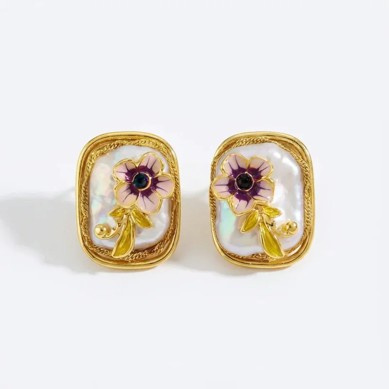 925 Silver Natural Baroque Pearl Oil Painting Stud - 1