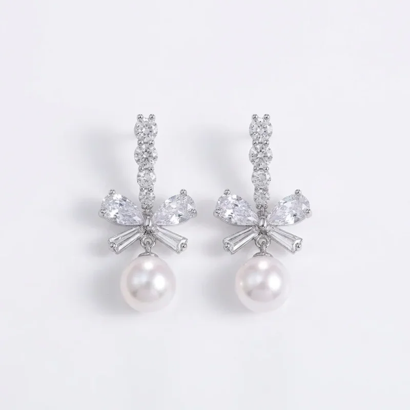 Bowknot Zircon Pearl 925 Sterling Silver Stud Earrings - 1