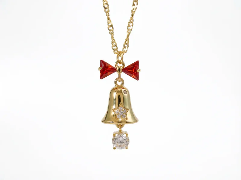 Gold Christmas Bell Zircon Bow Pendant Necklace - 1